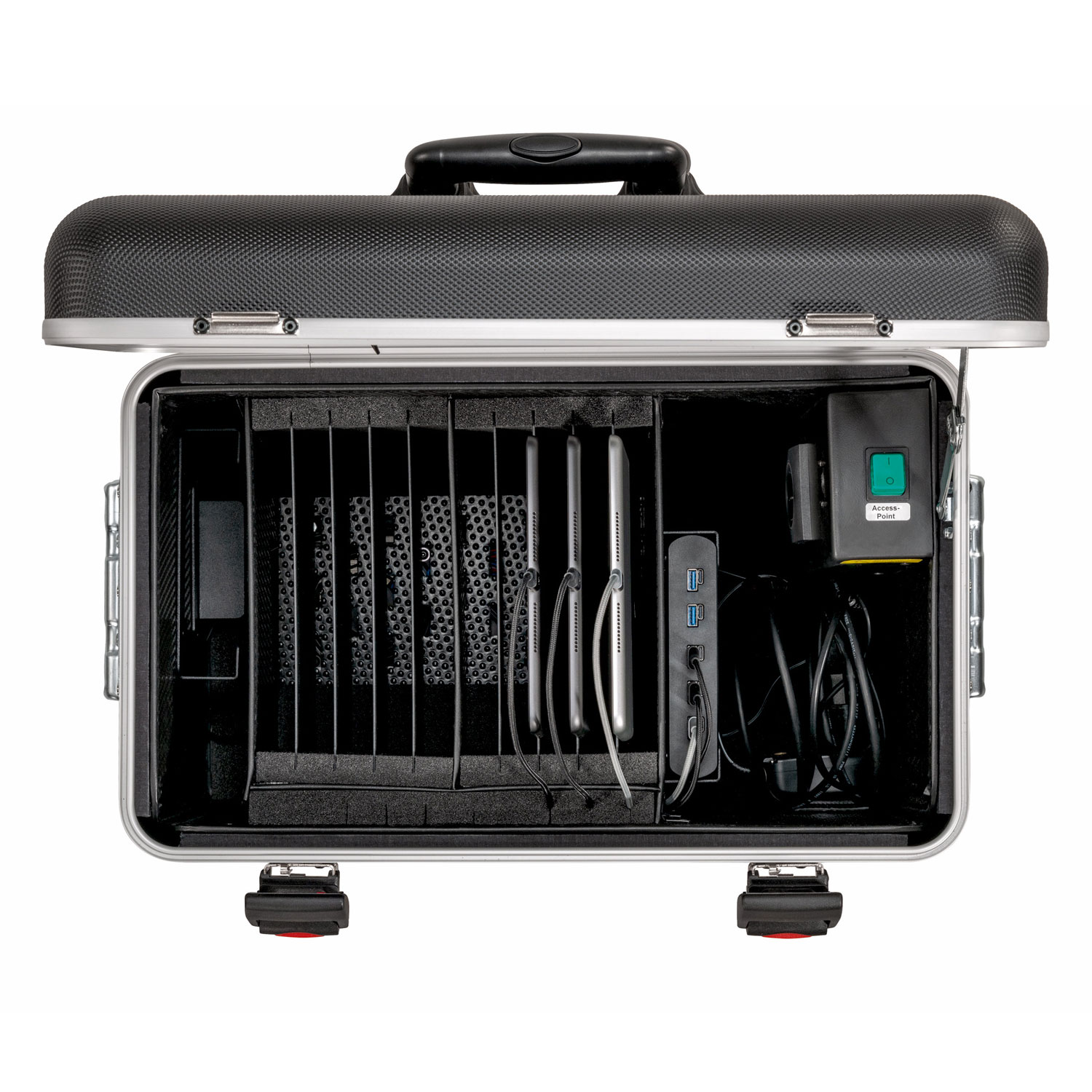 Paraproject-Case-TC10-Plus-7.jpg Intérieur de la valise Paraproject Case TC10 Plus avec tablettes en cours de recharge et câbles organisés