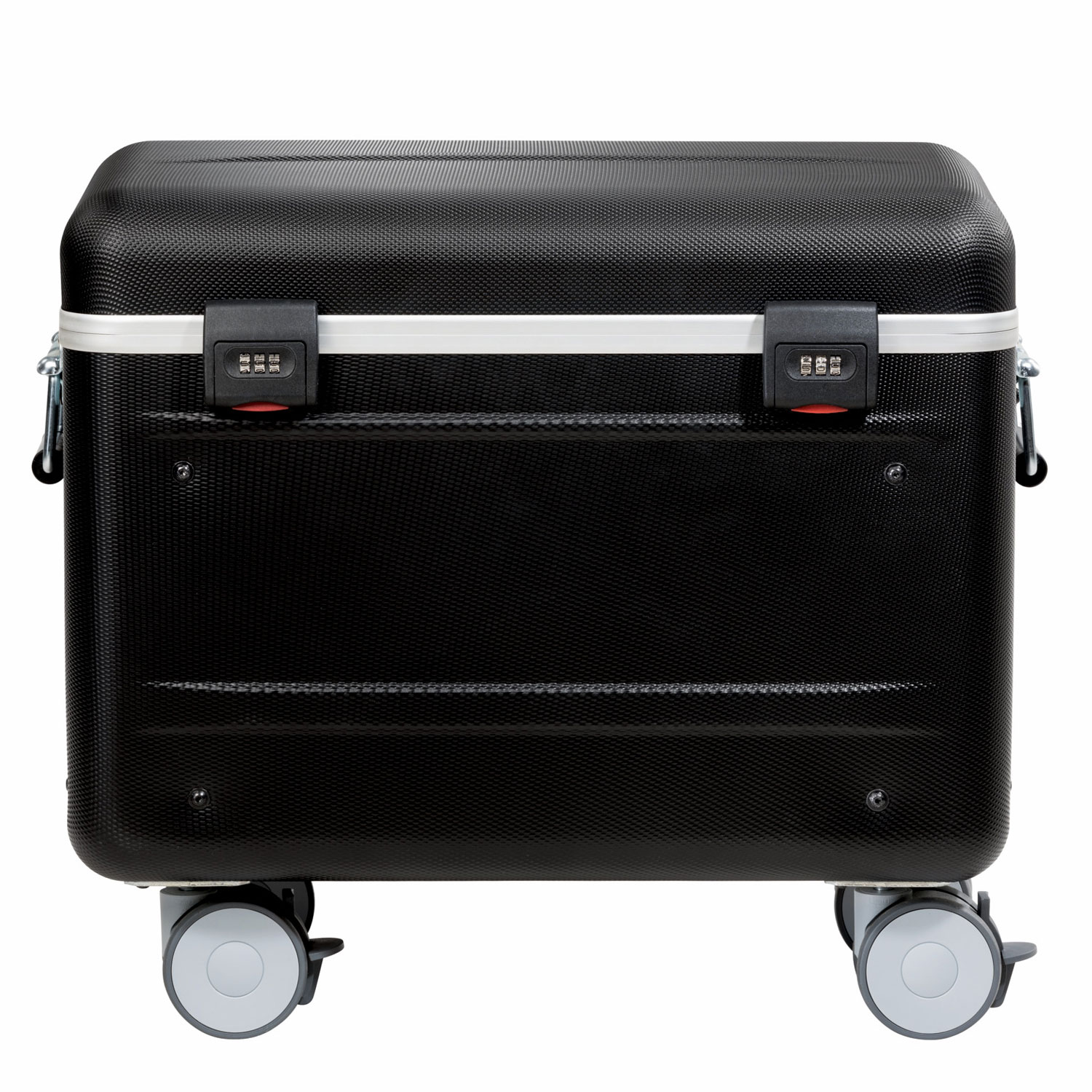 Vue avant de la valise Paraproject Micro Case TC15 avec fermetures sécurisées et roues