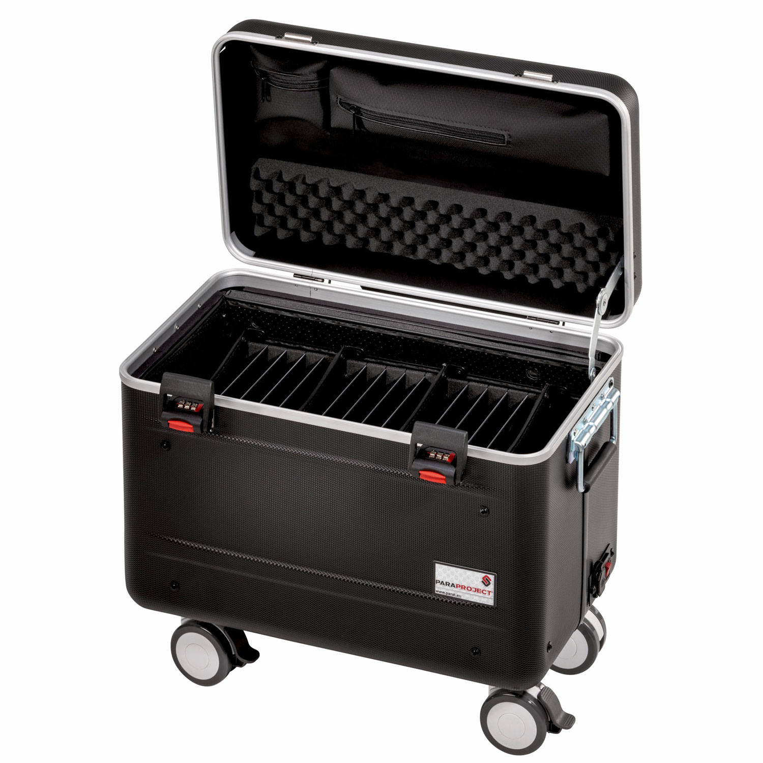 Vue de l'intérieur de la valise Paraproject Micro Case TC15 avec compartiments de rangement pour les tablettes et capteur de température intégré