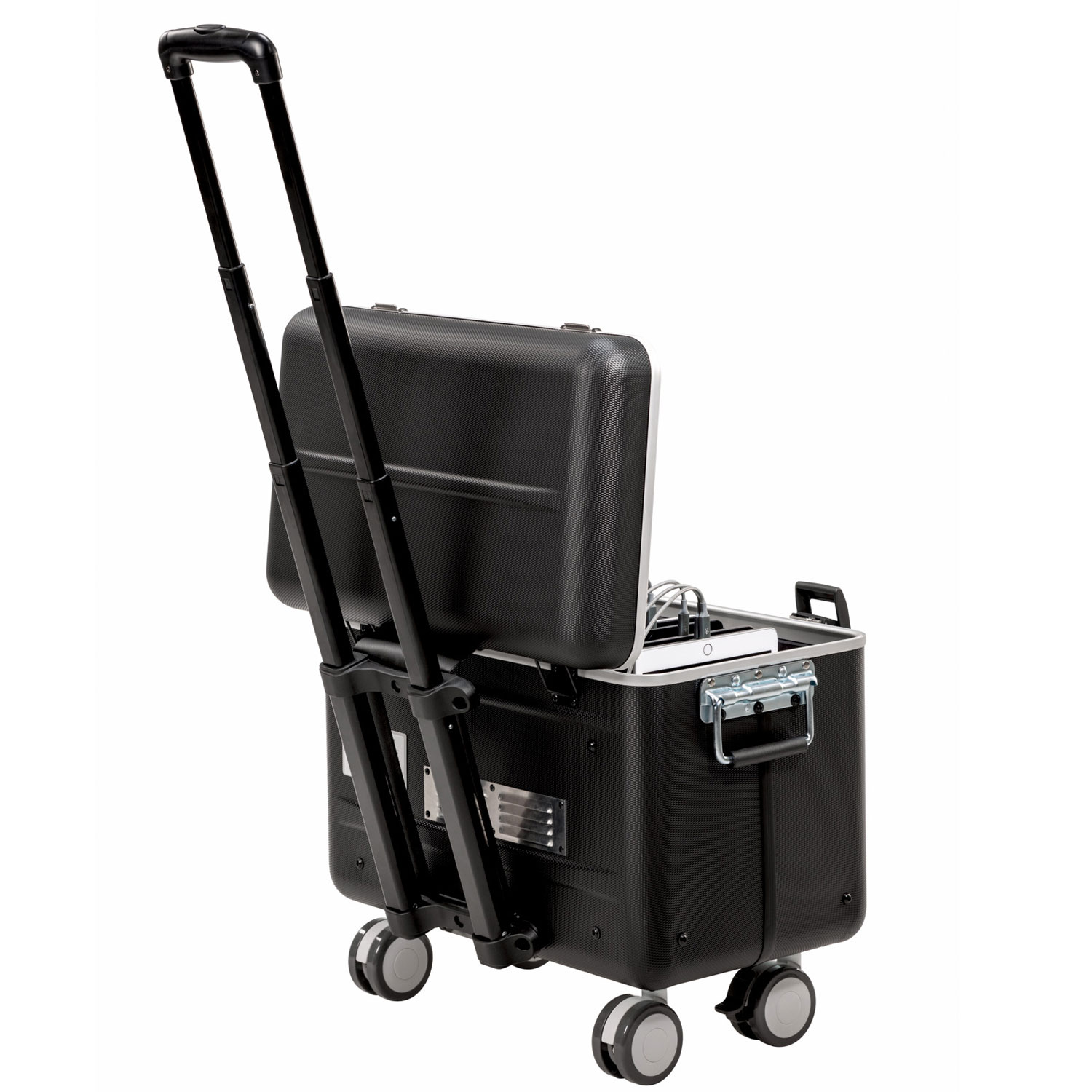 Valise Paraproject Micro Case TC15 avec poignée télescopique étendue et couvercle ouvert, révélant des compartiments pour tablettes