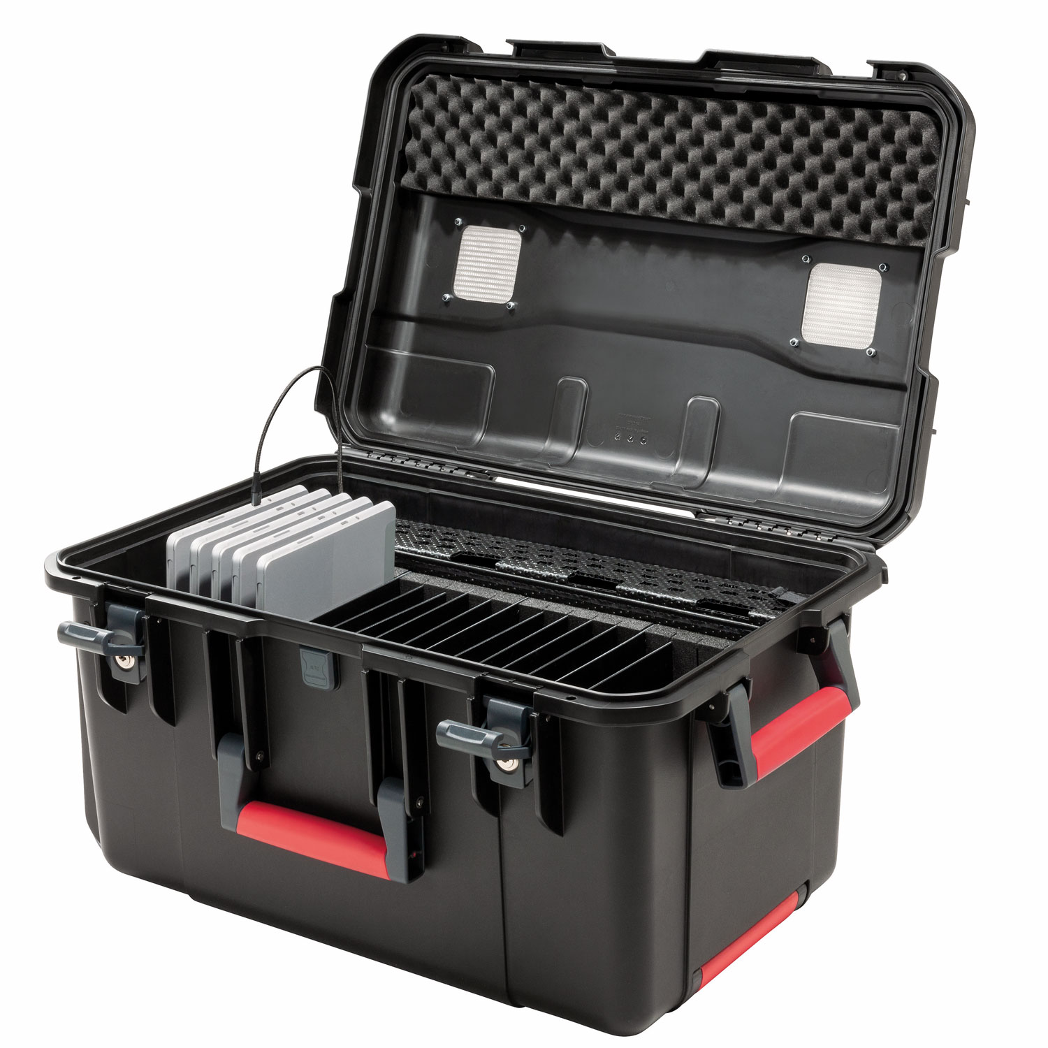 Paraproject_Cargo_CC16_3.jpg Valise Paraproject Cargo CC16 ouverte avec tablettes en cours de recharge et compartiments de rangement