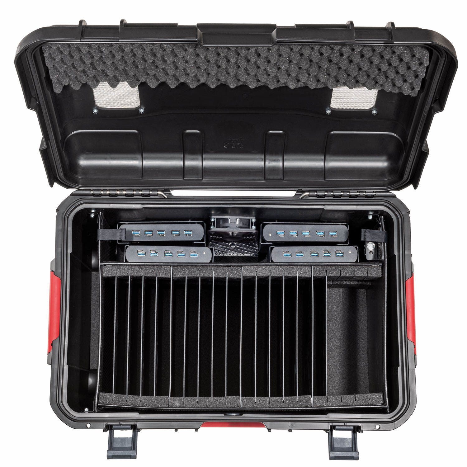Paraproject_Cargo_CC16_5.jpg Valise Paraproject Cargo CC16 ouverte avec hubs USB et système de ventilation intégrés