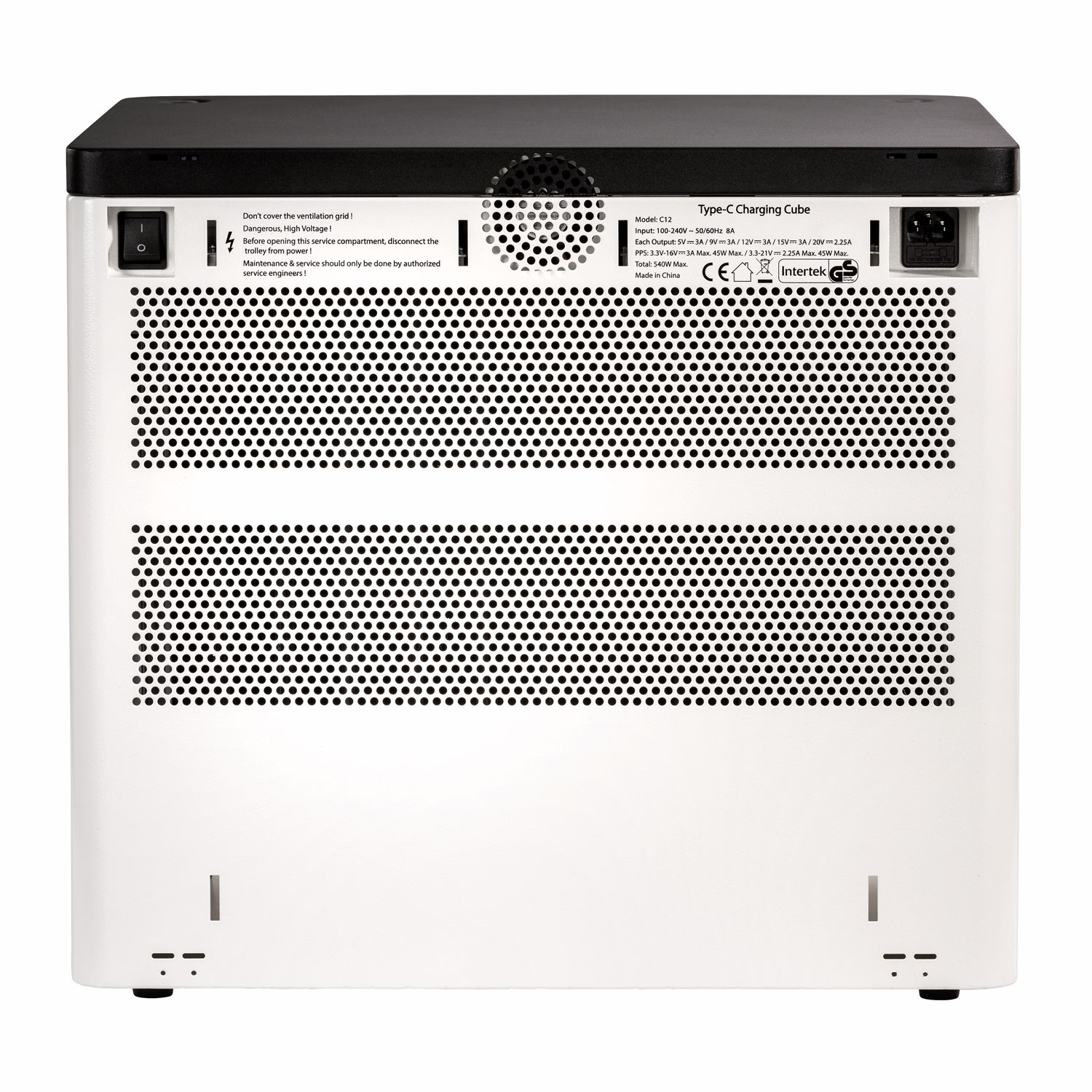 Vue arrière de la station de recharge Paraproject Cube C12 avec grilles de ventilation et informations techniques