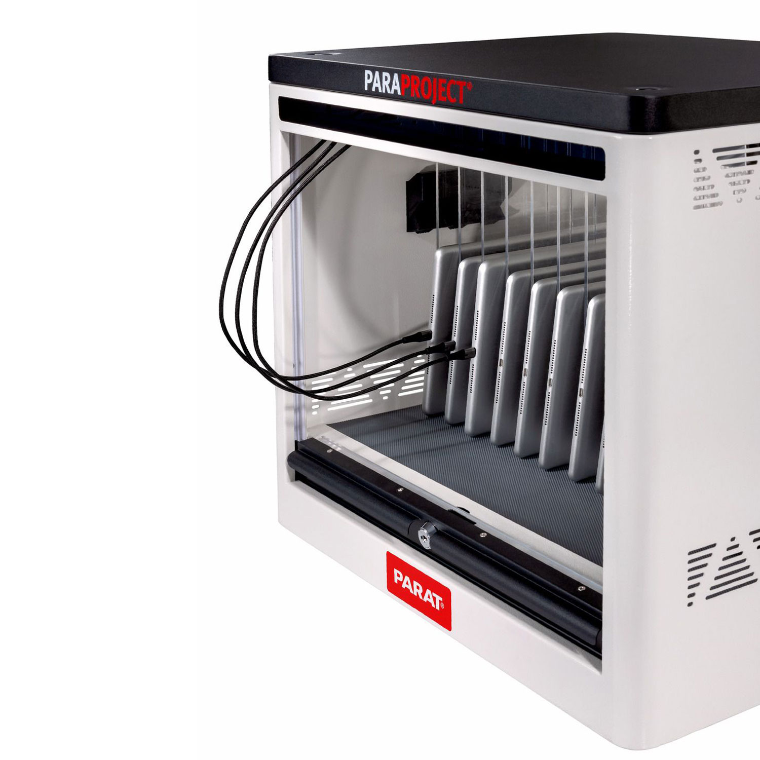 Station de recharge Paraproject Cube C12 avec 12 tablettes en cours de recharge