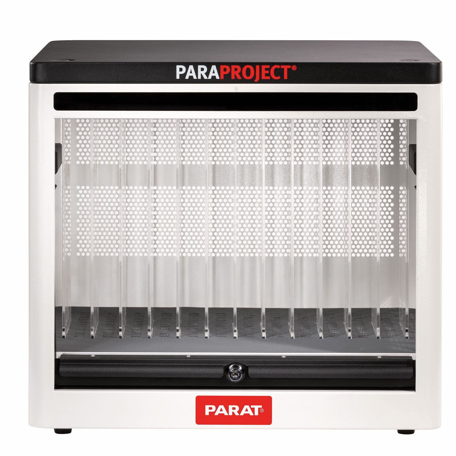 Vue avant de la station de recharge Paraproject Cube C12 avec compartiments de rangement