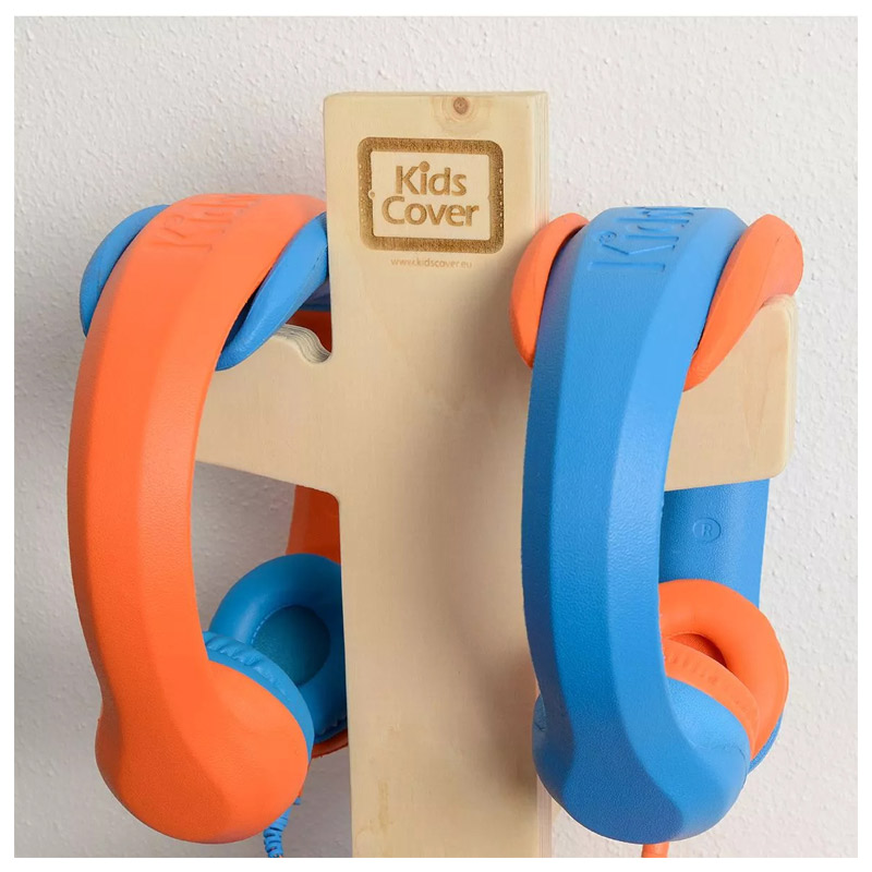 Support mural en bois avec deux casques audio KidsCover orange et bleu